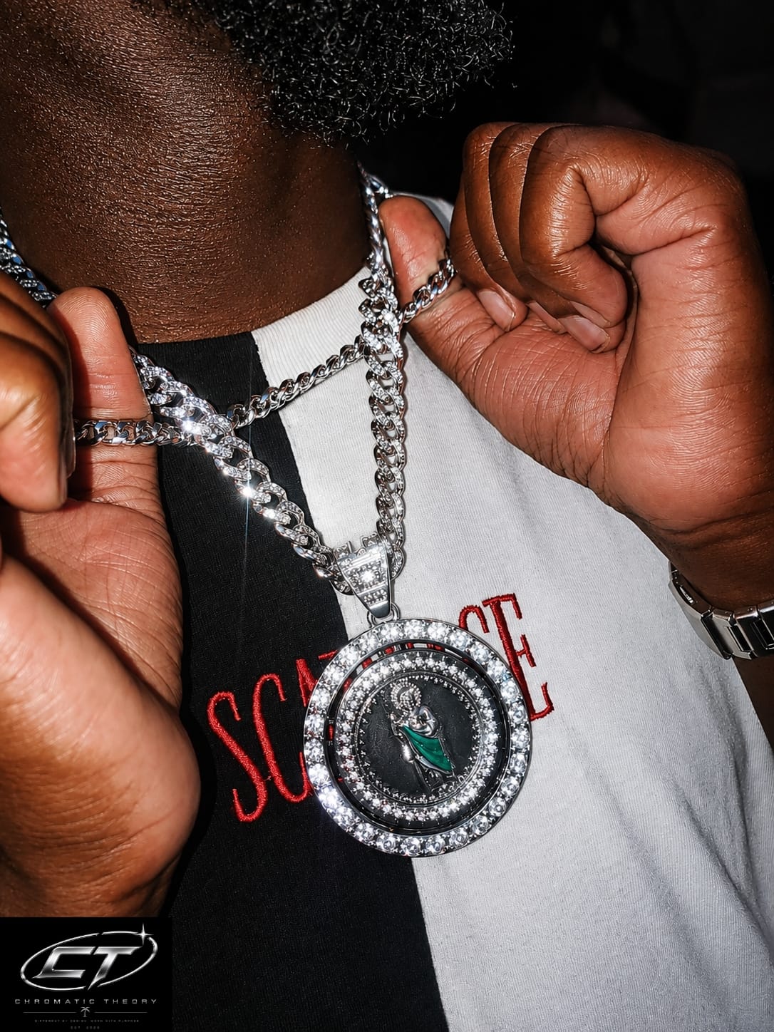 Saint pendant worn by a model