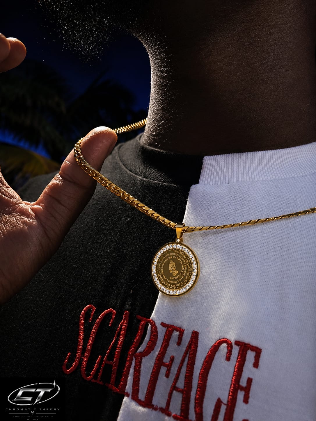 Gold Serenity necklace worn by a model